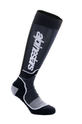 Alpinestars MX Plus strømper, knæhøje motocross-strømper, sort og grå, hvidt logo, ribbet lægstøtte, forstærket hæl og tå, åndbart meshområde ved foden, teknisk performance-design til off-road støvler