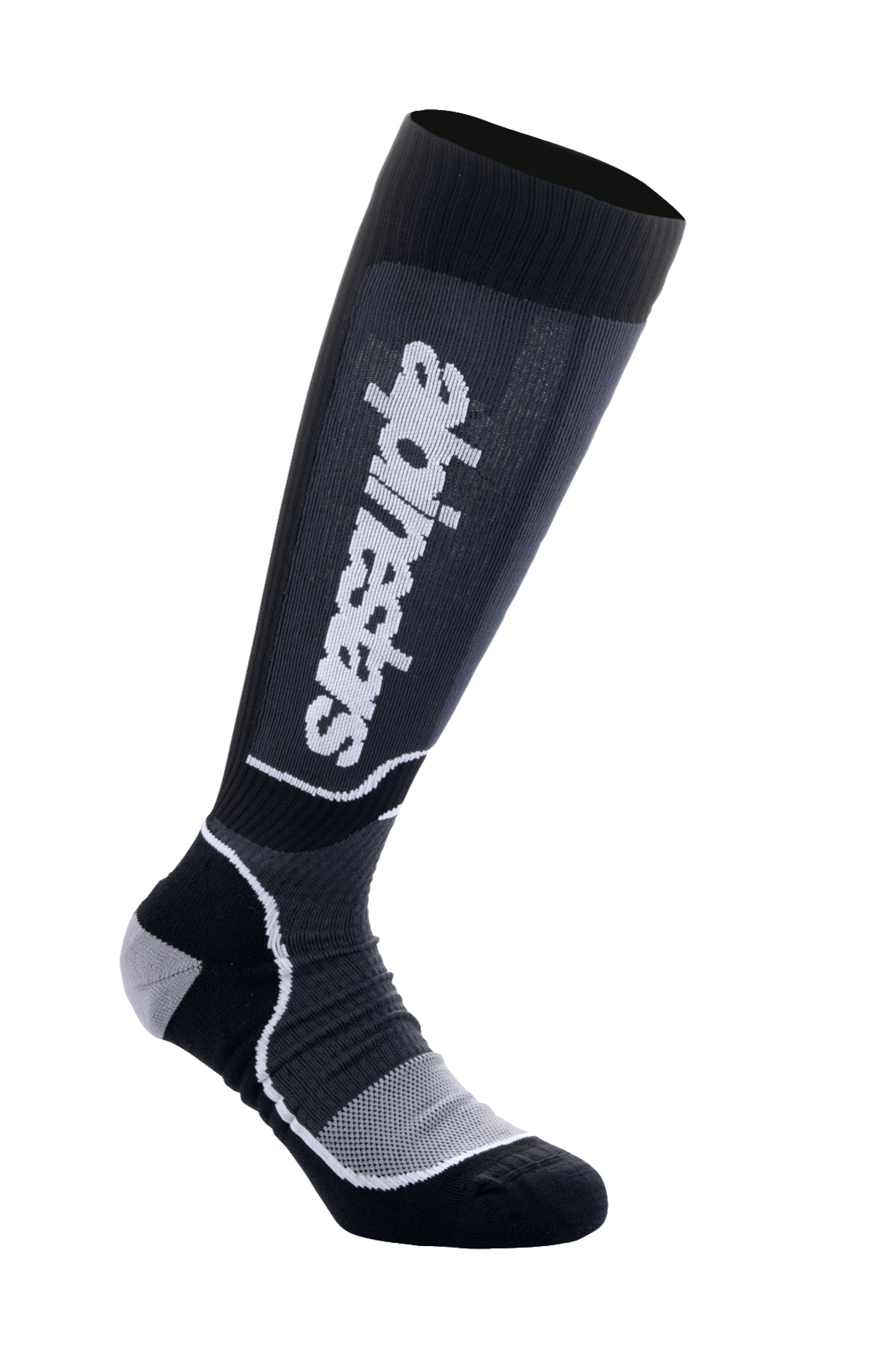 Alpinestars MX Plus strømper, knæhøje motocross-strømper, sort og grå, hvidt logo, ribbet lægstøtte, forstærket hæl og tå, åndbart meshområde ved foden, teknisk performance-design til off-road støvler