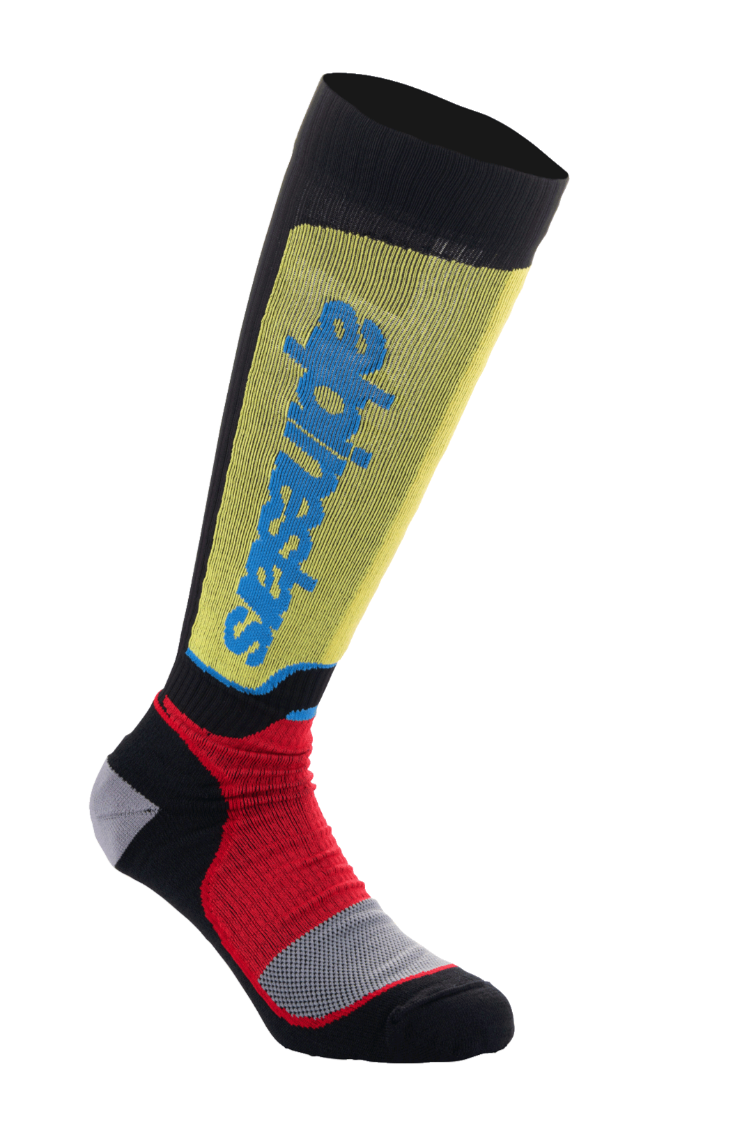Alpinestars MX Plus Socks, Motocross Riding Socks, Black, Yellow, and Red with Blue branding, knee-length design with ribbed texture and reinforced gray padding, technical off-road performance socks
