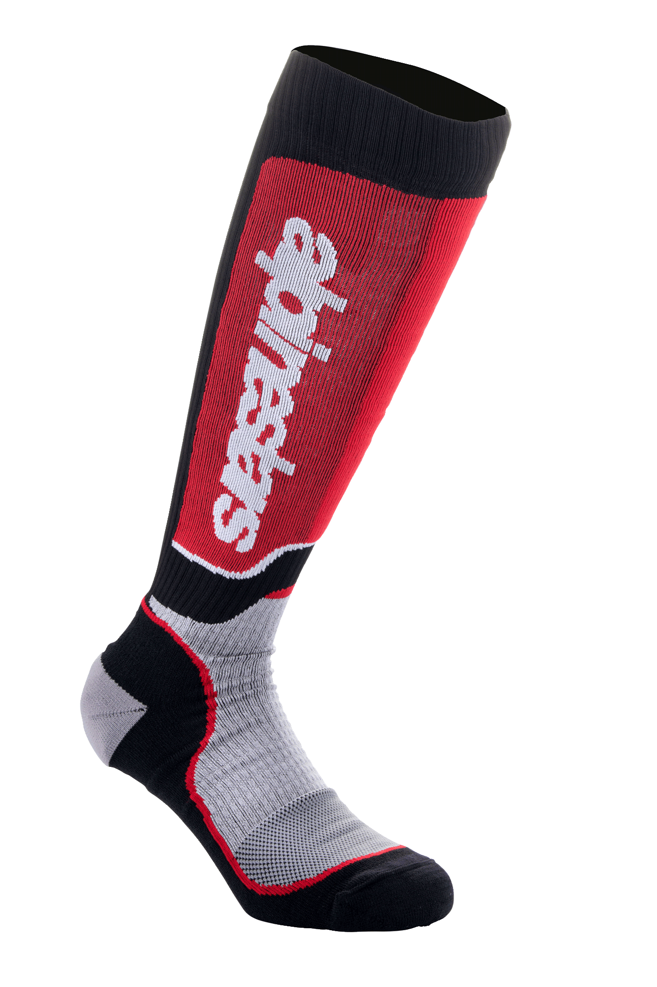 Alpinestars MX Plus sokker, motocross-sokker, sort, grå og rød, med lodret hvidt Alpinestars-logo på et rødt lægpanel, ribstrikket performance-stof og forstærket hæl og tå.