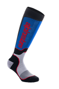 Alpinestars MX Plus strømper, motocross-kørestrømper, sort, kongeblå og grå, med rød Alpinestars-branding, ribbet tekstur for strækbarhed, mesh-ventilationszoner og forstærket polstring for off-road komfort