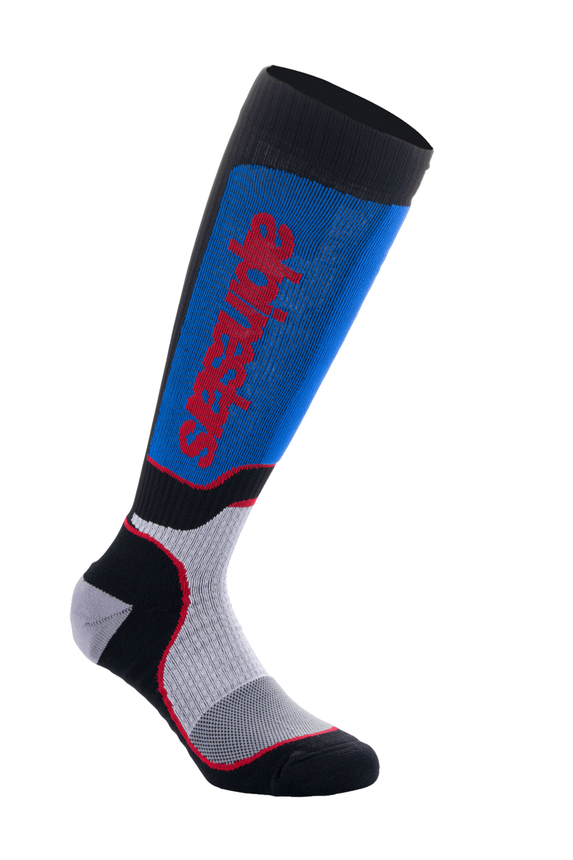 Alpinestars MX Plus Socks, Motocross Riding Socks, Black, Royal Blue, and Grey, featuring red Alpinestars branding, ribbed texture for stretch, mesh ventilation zones, and reinforced padding for off-road comfort
