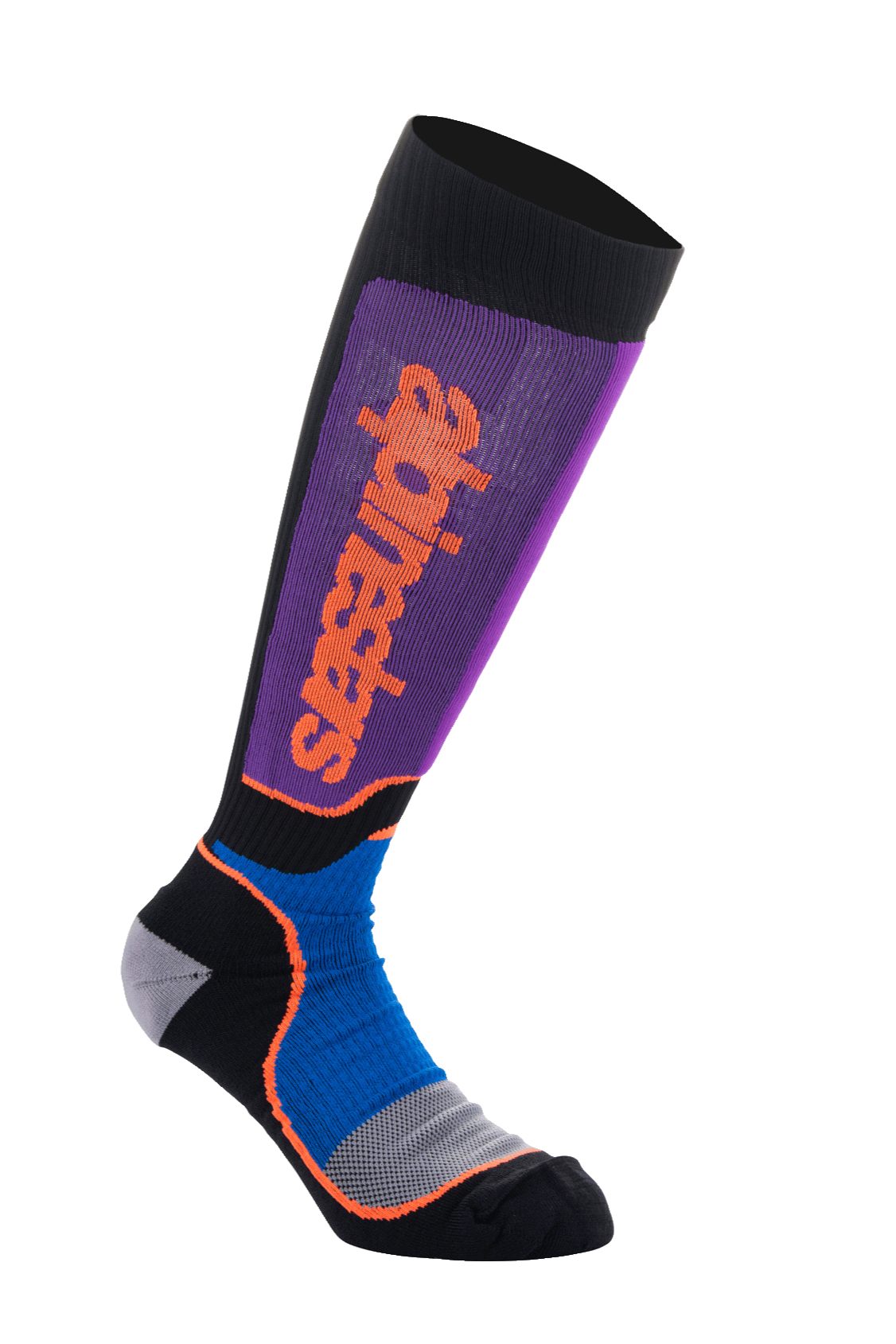 Alpinestars MX Plus sokker, motocross knæstrømper, sort, kongeblå og lilla, lilla ribstrikket ben med lodret orange Alpinestars-logo, kongeblå mesh-paneler ved anklen med orange detaljer, grå-sort forstærket fod, højtydende off-road køreudstyr