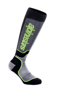 Alpinestars MX Plus sokker, motocross knæstrømper, sort, grå og gul fluo, med lodret Alpinestars-branding, ribbet og mesh-teksturer, teknisk performance køreudstyr