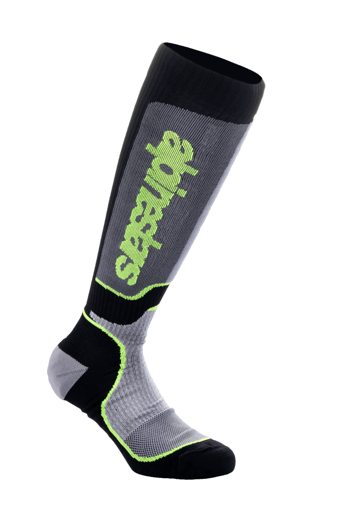 Alpinestars MX Plus sokker, motocross knæstrømper, sort, grå og gul fluo, med lodret Alpinestars-branding, ribbet og mesh-teksturer, teknisk performance køreudstyr