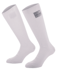Alpinestars Race V4 Socks, White knee-high auto racing socks, ribbed Nomex construction with FIA certification tag, fire-resistant design for professional motorsport