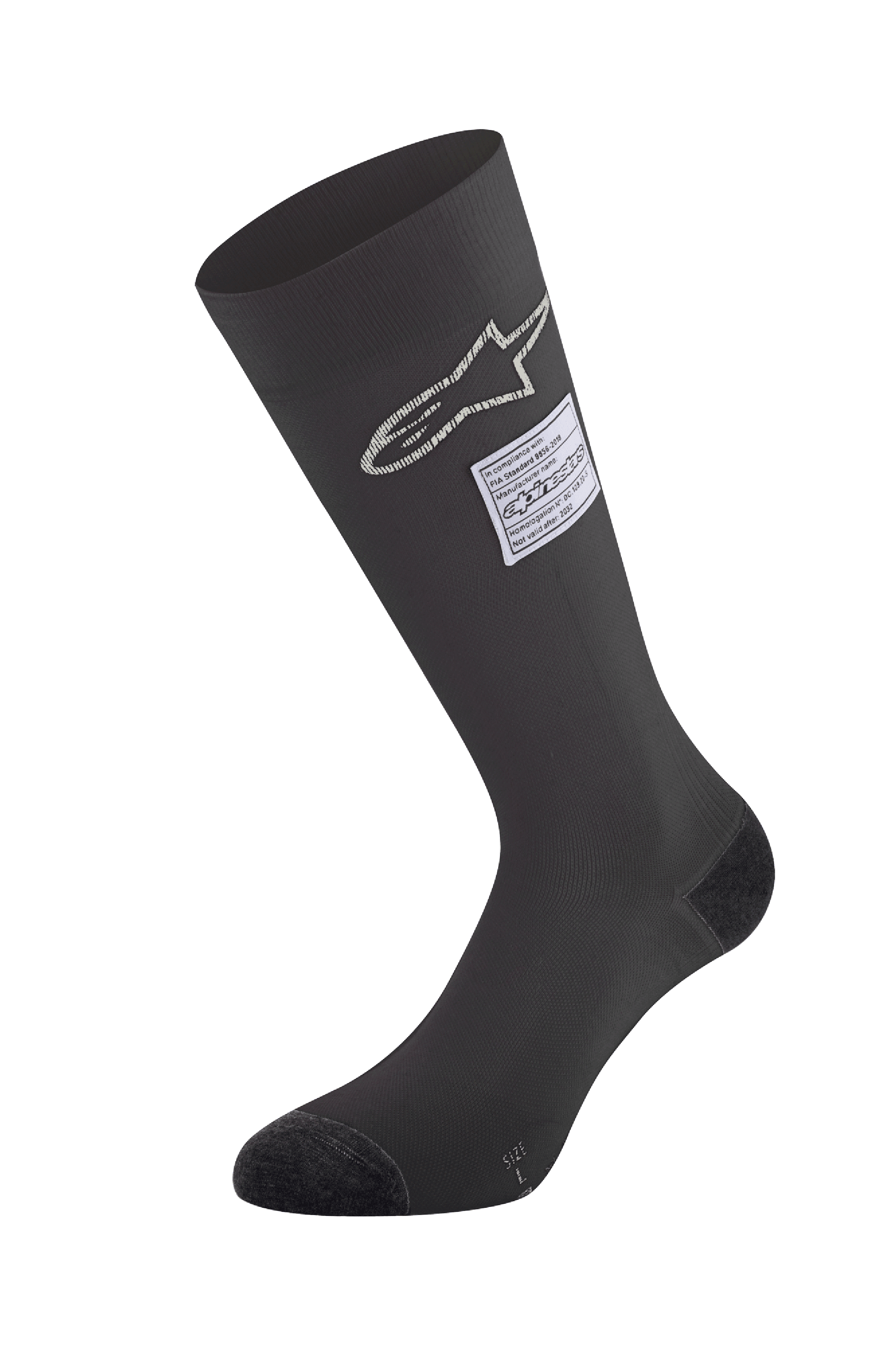 Alpinestars ZX V4 Socks, Black Auto Racing Socks, featuring white star logo and FIA certification label, knee-high seamless design with reinforced toe and heel, fire-retardant base layer for motorsport