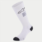 Alpinestars ZX V4-strømper, autoracing-strømper, hvide med sorte detaljer på hæl og tå, med sort Alpinestars-logo og FIA-mærkat, sømløst teknisk baselayer til motorsport