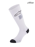 Alpinestars ZX V4 strømper, hvide racerstrømper med sorte detaljer og FIA-certificering, sømløs aramidkonstruktion med gradueret kompression