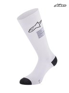 Alpinestars ZX V4 strømper, hvide racerstrømper med sorte detaljer og FIA-certificering, sømløs aramidkonstruktion med gradueret kompression