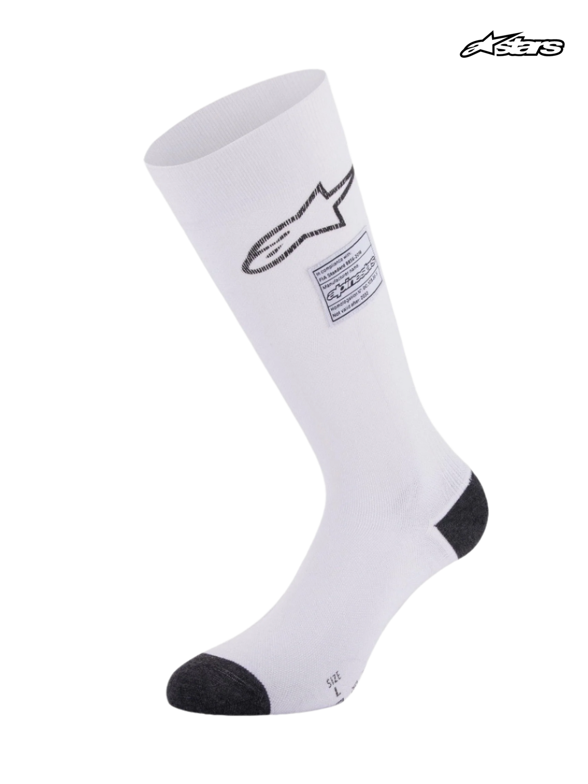 Alpinestars ZX V4 strømper, hvide racerstrømper med sorte detaljer og FIA-certificering, sømløs aramidkonstruktion med gradueret kompression