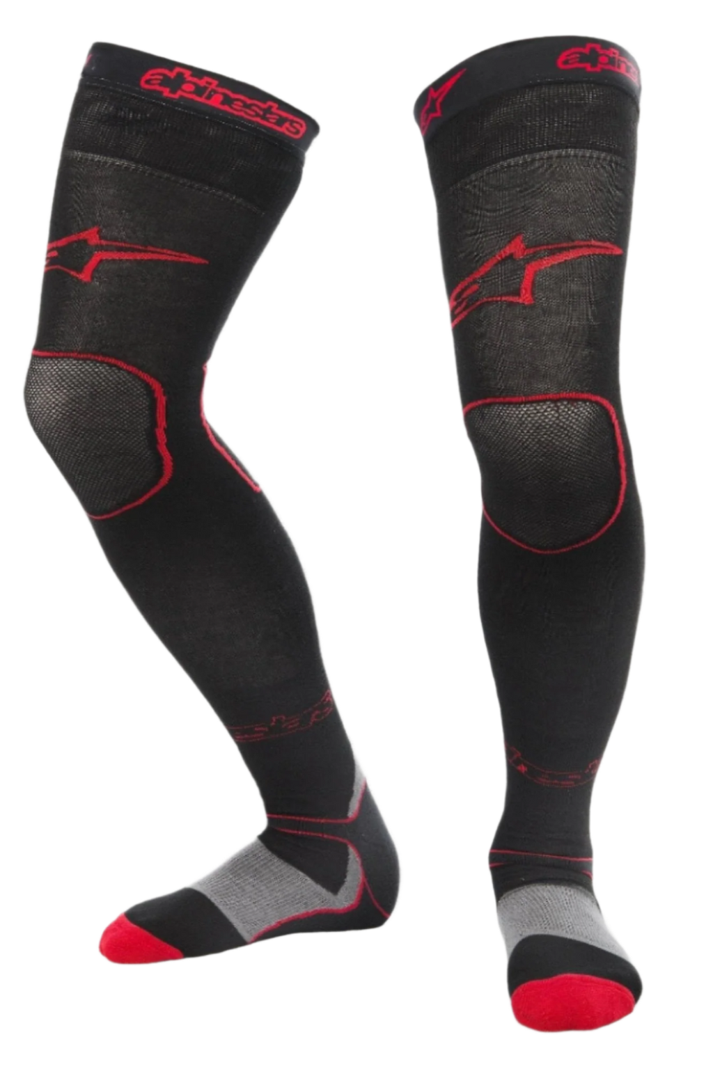Alpinestars MX Long Tech Tykke Strømper, motocross-strømper, sort og rød, længde til midt på låret med rød branding, grå og røde detaljer på sålen, teknisk materiale designet til off-road racing og motocross-støvler