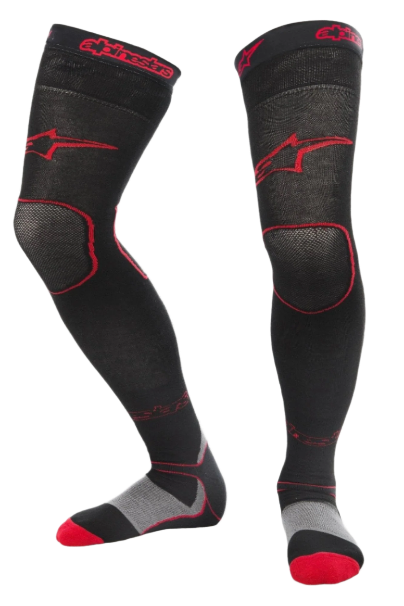 Alpinestars MX Long Tech Tykke Strømper, motocross-strømper, sort og rød, længde til midt på låret med rød branding, grå og røde detaljer på sålen, teknisk materiale designet til off-road racing og motocross-støvler