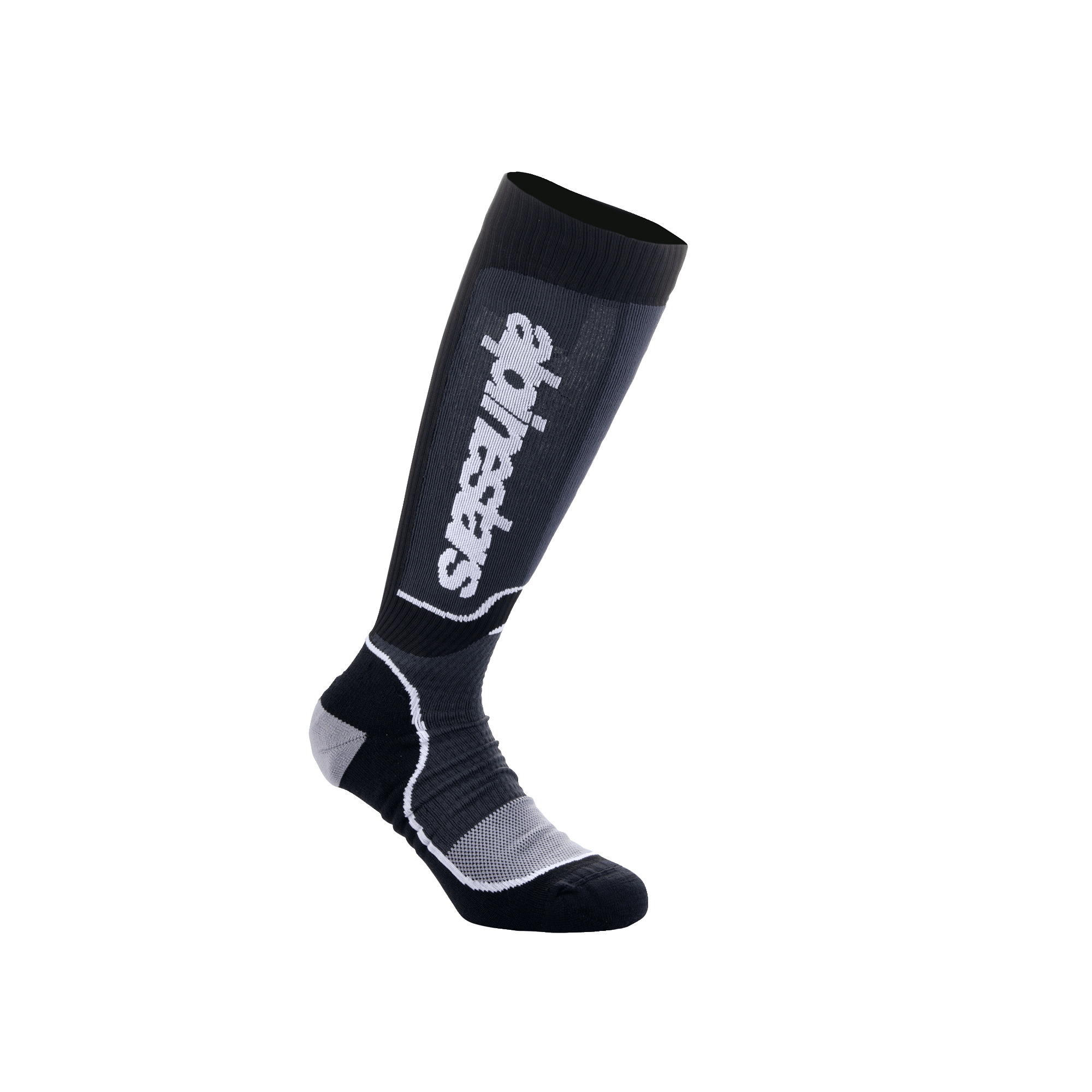 Alpinestars Youth MX Plus Socks, Motocross Knee-High Socks, Black and Gray, featuring white Alpinestars branding, ribbed texture with reinforced heel and toe, breathable single-layer construction for off-road performance