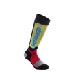 Alpinestars Youth MX Plus Socks, Motocross Riding Socks, Black with Yellow Red and Light Blue accents, knee-high length, featuring ribbed construction and vertical Alpinestars branding on the shin