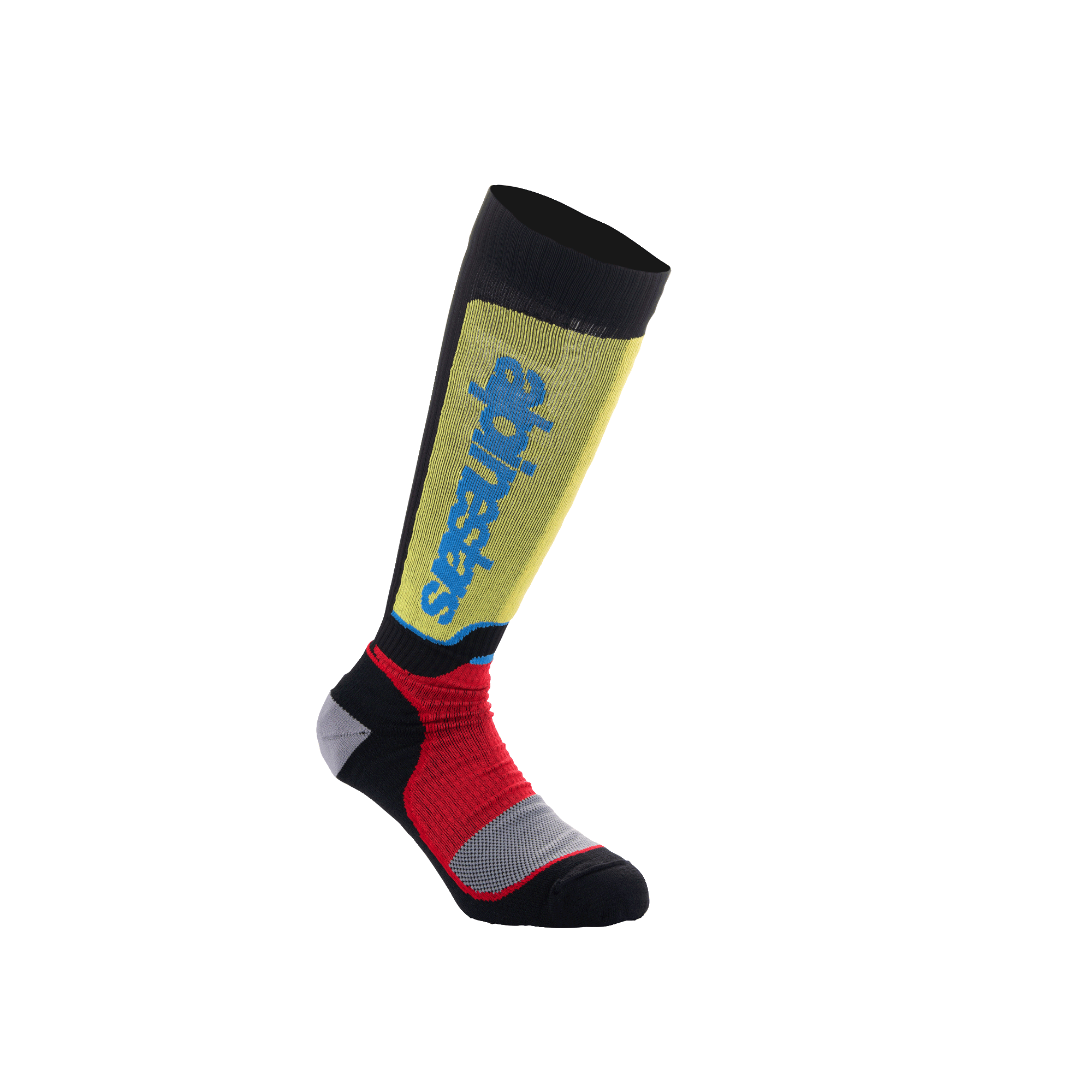 Alpinestars Youth MX Plus sokker, motocross-sokker til unge, sort med gule, røde og lyseblå detaljer, knæhøje, med rib-konstruktion og lodret Alpinestars-branding på skinnebenet