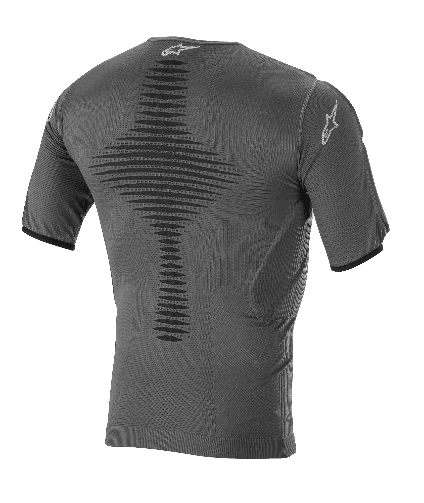 Alpinestars Roost basislag top, motocross-basislag, antracit-sort, set bagfra med strikket åndbar konstruktion, tekstureret central ventilationszone, korte ærmer og Alpinestars stjernelogo på kraven og ærmet