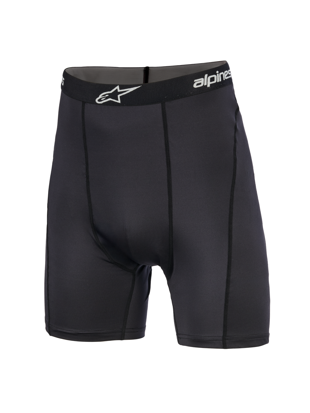 Alpinestars MX Boxer, Motocross Base Layer Shorts, Black, mid-thigh length featuring a branded elastic waistband with white star logo, athletic fit with vertical seams