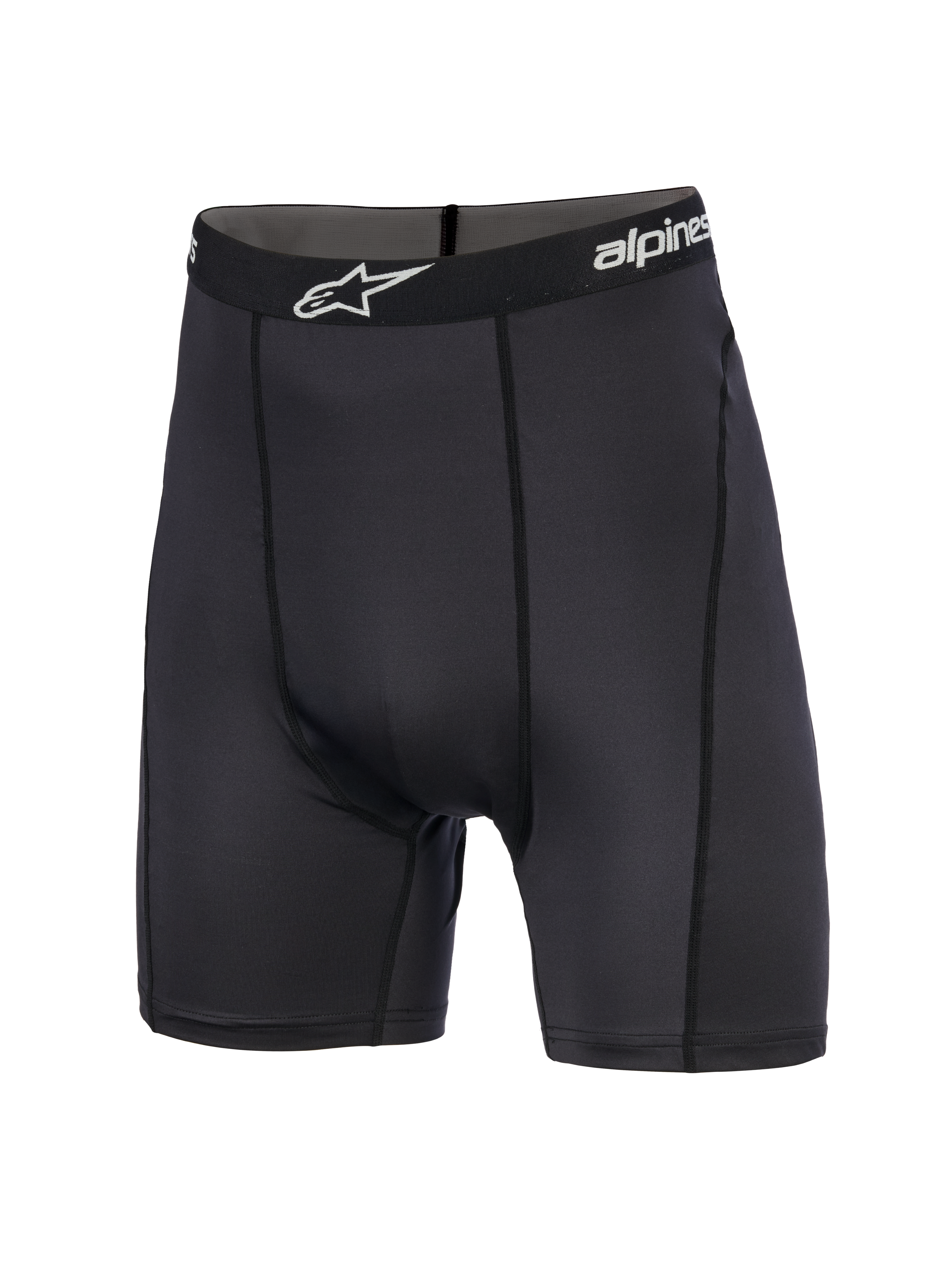 Alpinestars MX Boxer, motocross baselayer-shorts, sort, midt på låret-længde, mærket elastisk taljebånd med hvidt stjerne-logo, atletisk pasform med lodrette sømme