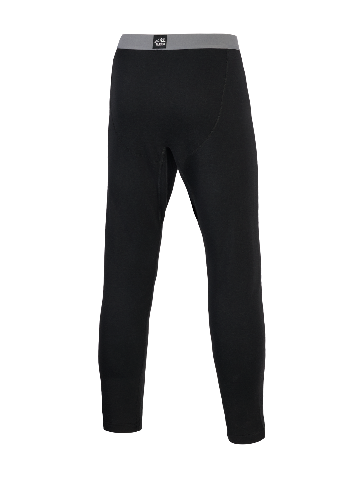 Alpinestars At 8 Merino Bottom Basislag, sort basislag-underdel til eventyrmotorcykel set bagfra med grå elastisk linning med branding