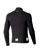 Alpinestars ZX Evo V3 langærmet top, sort auto racing baselayer, set bagfra med et lille gråt logo i nakken og hvide FIA/SFI-certificeringsmærkater ved den nederste kant, letvægts flammehæmmende design