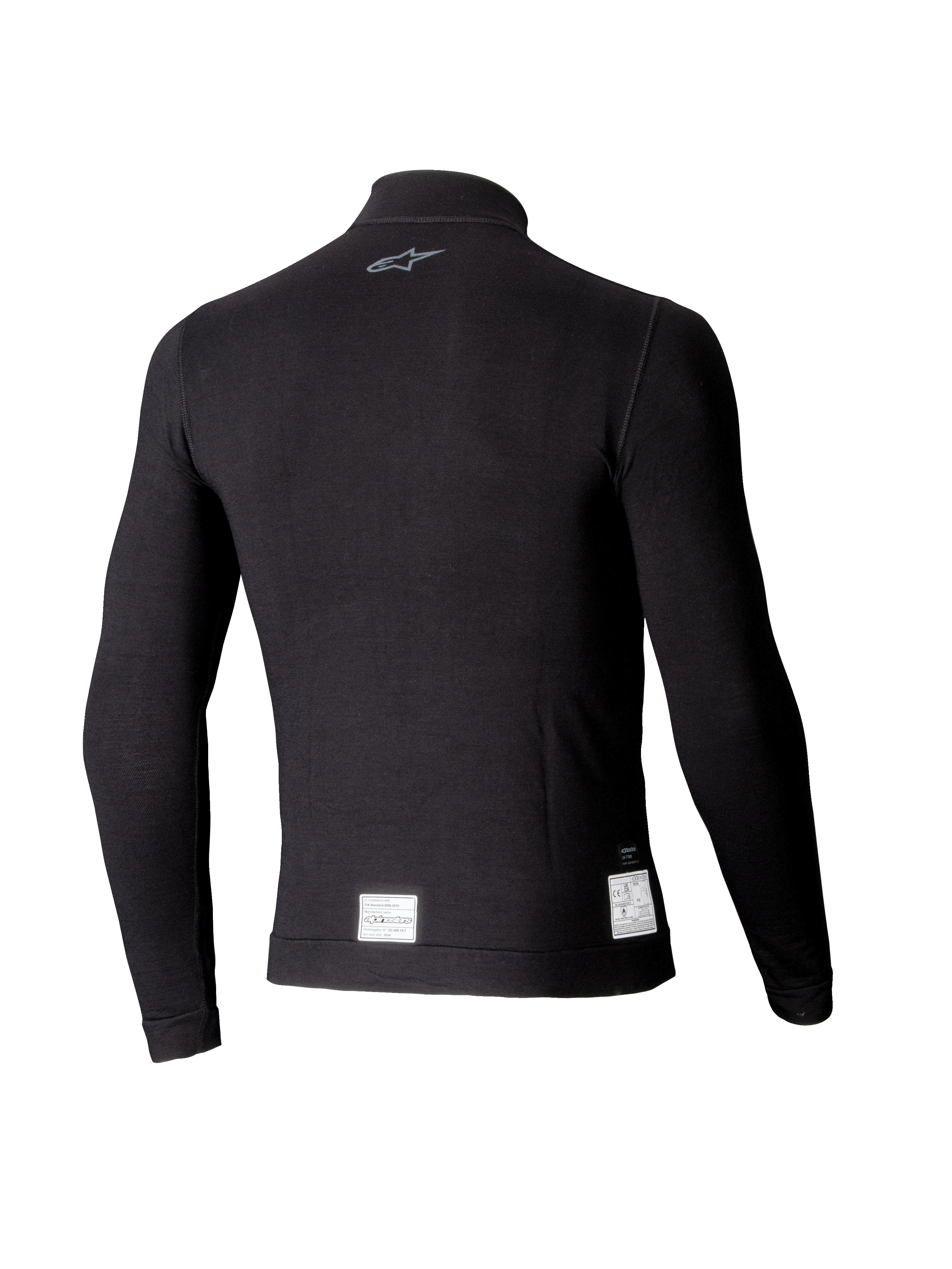 Alpinestars ZX Evo V3 langærmet top, sort auto racing baselayer, set bagfra med et lille gråt logo i nakken og hvide FIA/SFI-certificeringsmærkater ved den nederste kant, letvægts flammehæmmende design