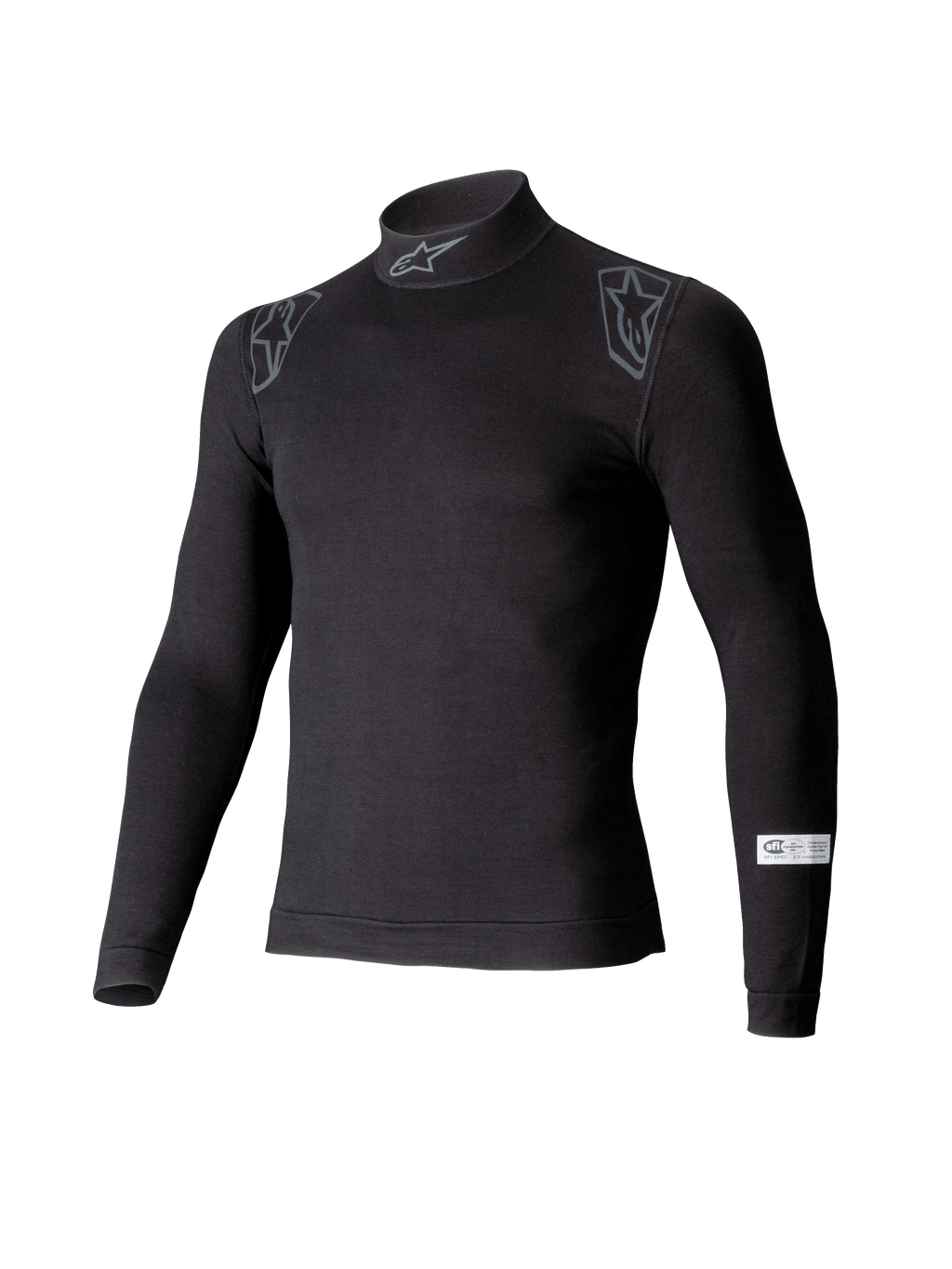 Alpinestars ZX Evo V3 top, langærmet base layer til bilsport, sort, med høj hals og Alpinestars-logo, skuldergrafik og SFI-certificeringsmærke på ærmet, professionelt flammehæmmende motorsportundertøj