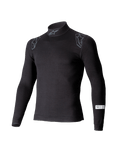 Alpinestars ZX Evo V3 top, langærmet base layer til bilsport, sort, med høj hals og Alpinestars-logo, skuldergrafik og SFI-certificeringsmærke på ærmet, professionelt flammehæmmende motorsportundertøj