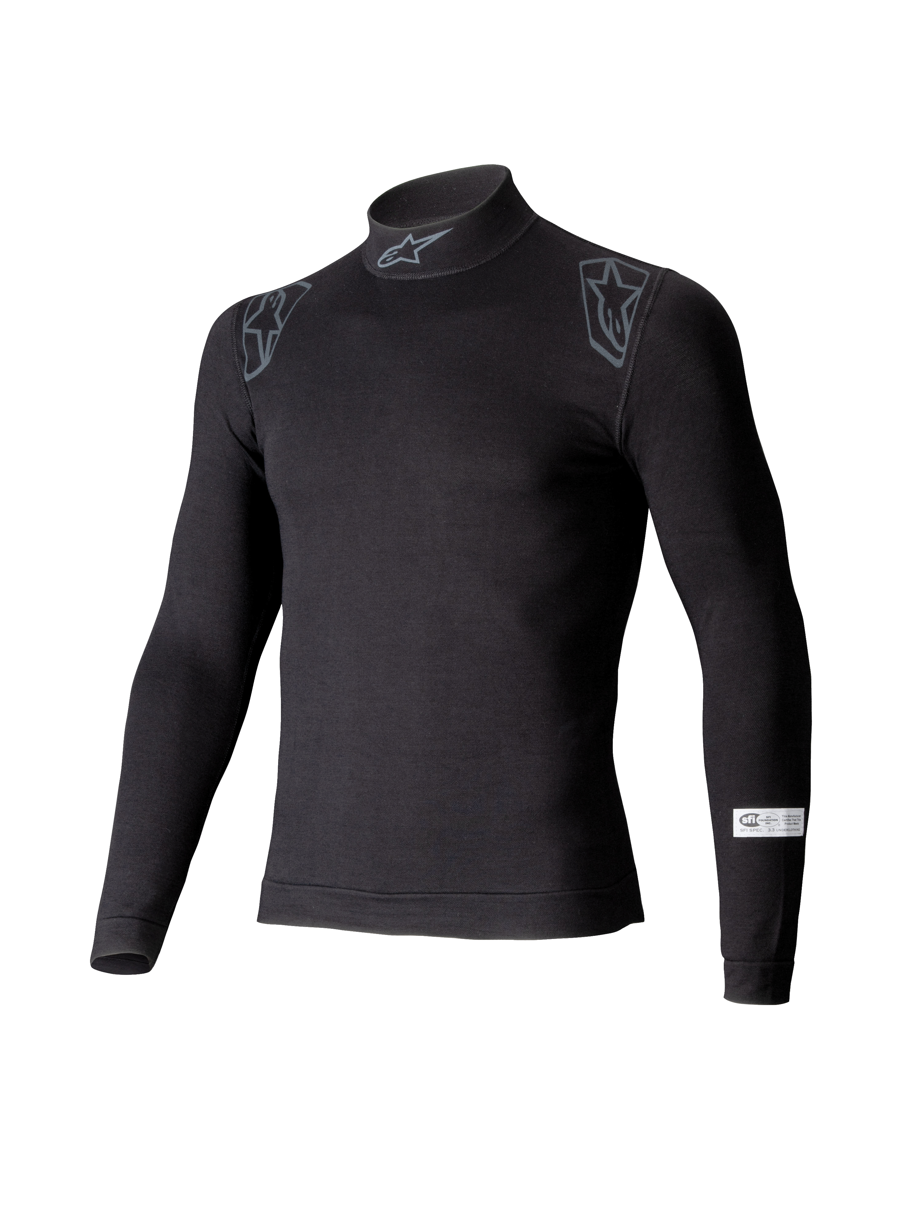 Alpinestars ZX Evo V3 top, langærmet base layer til bilsport, sort, med høj hals og Alpinestars-logo, skuldergrafik og SFI-certificeringsmærke på ærmet, professionelt flammehæmmende motorsportundertøj