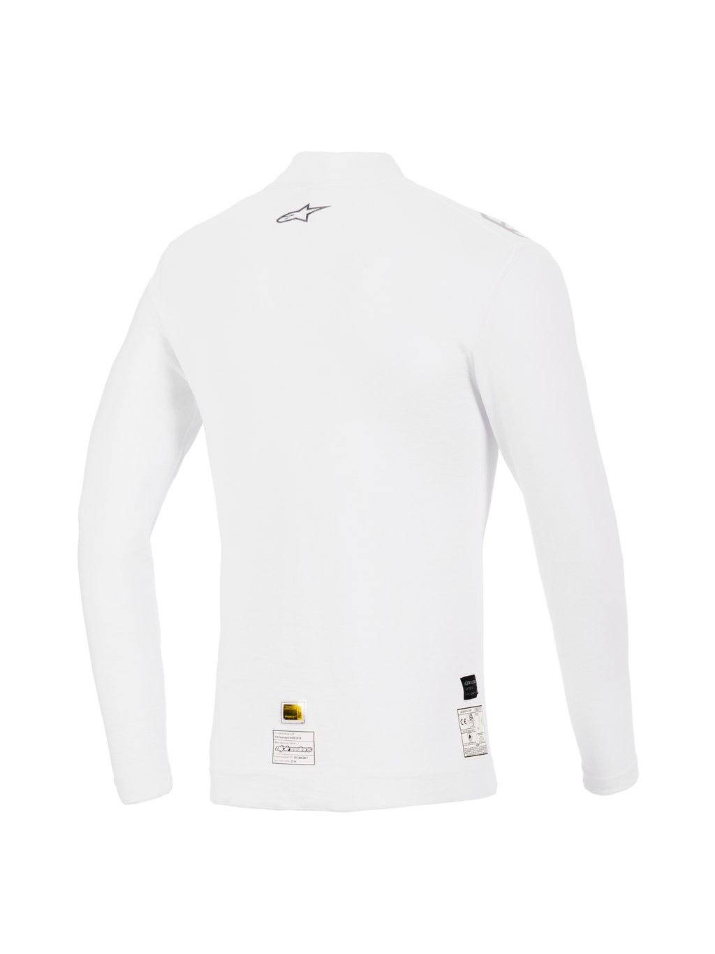 Alpinestars ZX Evo V3 langærmet top, hvid, set bagfra, flammehæmmende baselayer til motorsport med et lille gråt Alpinestars-logo på øverste ryg og certificeringsmærkater ved sømmen, performance-pasform med blød tekstur