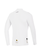 Alpinestars ZX Evo V3 langærmet top, hvid, set bagfra, flammehæmmende baselayer til motorsport med et lille gråt Alpinestars-logo på øverste ryg og certificeringsmærkater ved sømmen, performance-pasform med blød tekstur