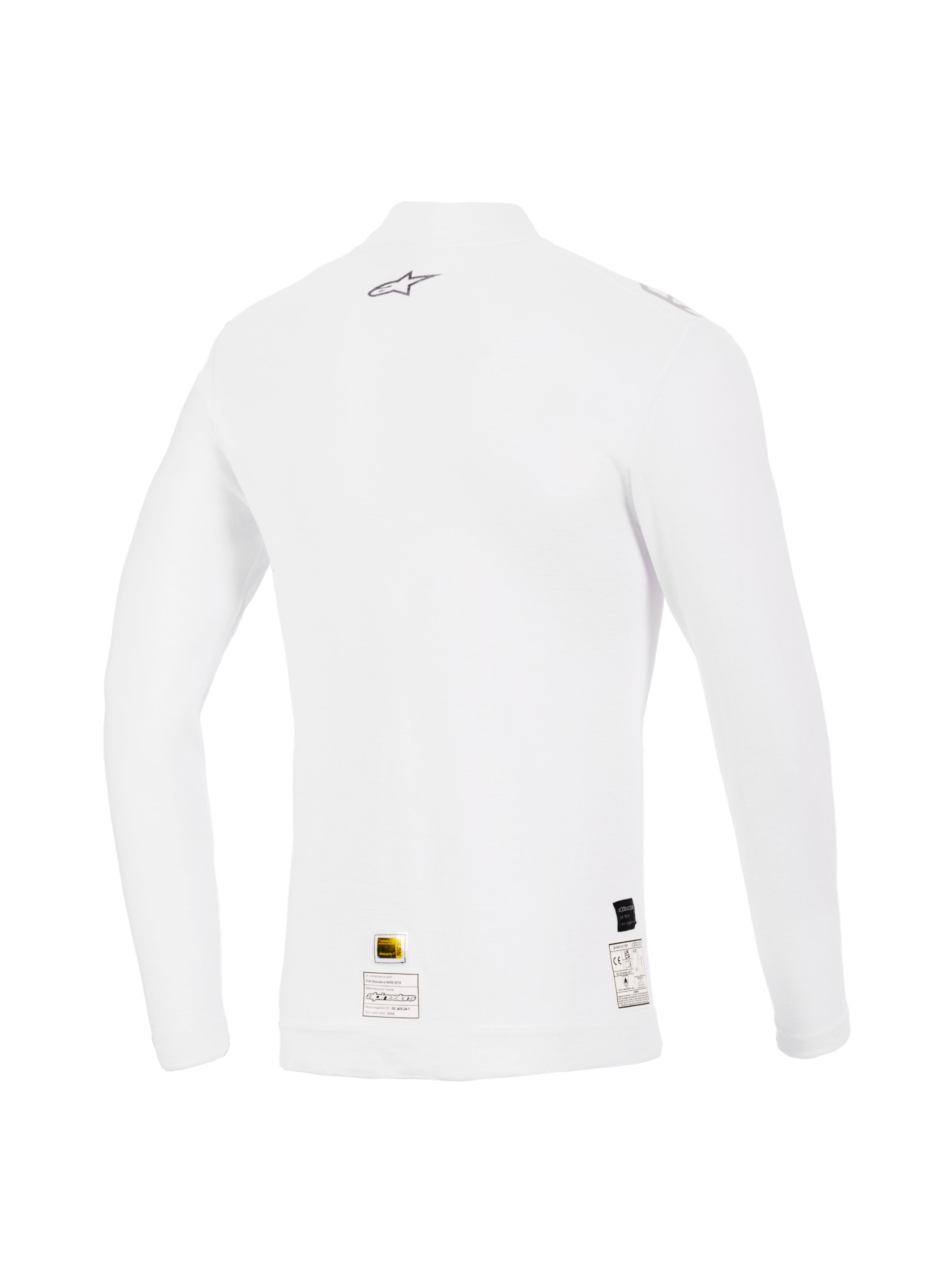Alpinestars ZX Evo V3 langærmet top, hvid, set bagfra, flammehæmmende baselayer til motorsport med et lille gråt Alpinestars-logo på øverste ryg og certificeringsmærkater ved sømmen, performance-pasform med blød tekstur