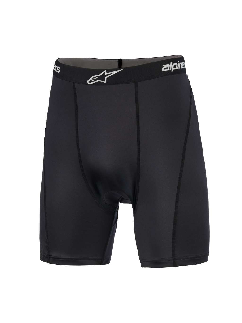 Alpinestars M X Boxer Padded, m otocross-baselayer, s ort, k ompressionsshorts m ed e lastisk l inning o g h vidt l ogo, v ertikale f lade s yninger o g g latstrikket s trækstof d esignet t il k omfort v ed o ff-road k ørsel