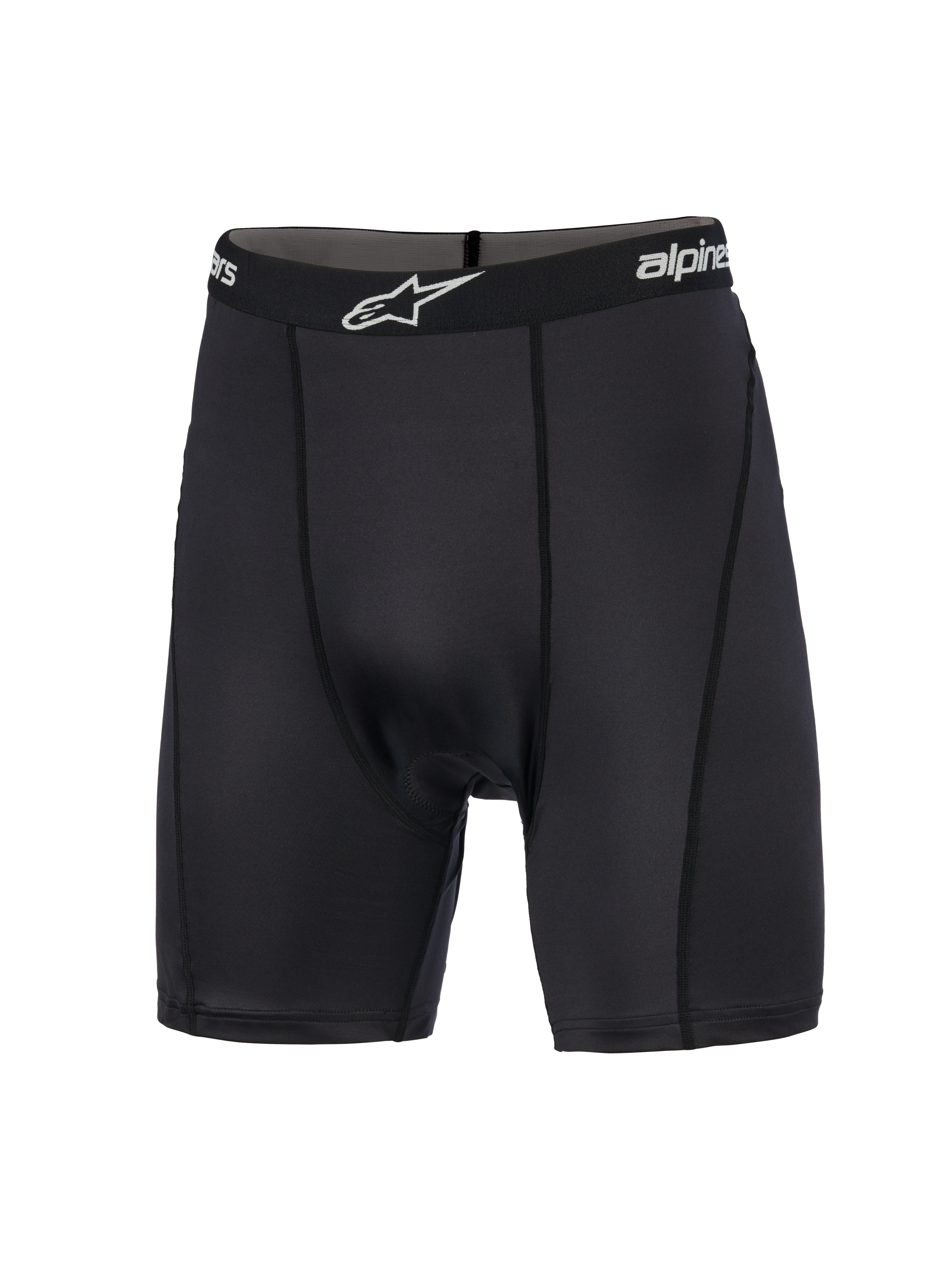 Alpinestars M X Boxer Padded, m otocross-baselayer, s ort, k ompressionsshorts m ed e lastisk l inning o g h vidt l ogo, v ertikale f lade s yninger o g g latstrikket s trækstof d esignet t il k omfort v ed o ff-road k ørsel