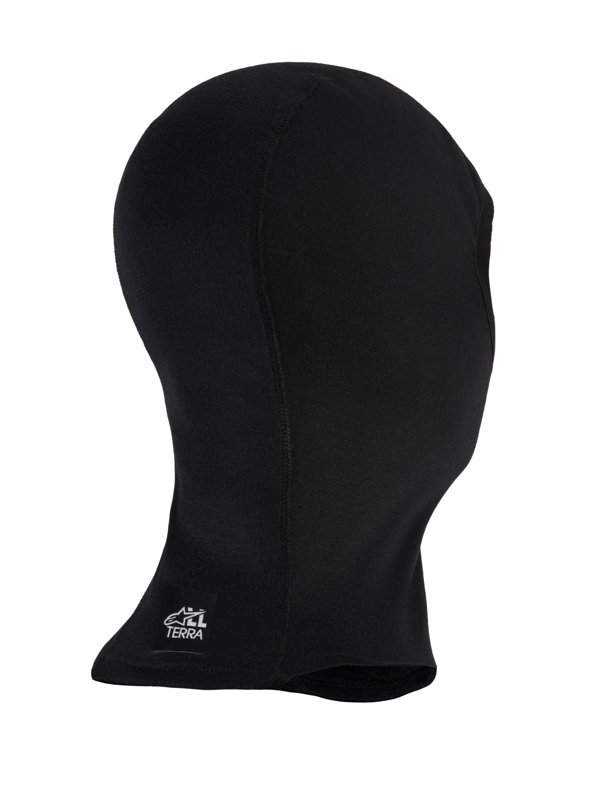 Alpinestars At 8 Merino Balaclava, sort eventyr-motorcykelbalaclava med forlænget hals og hvidt All Terra-logo