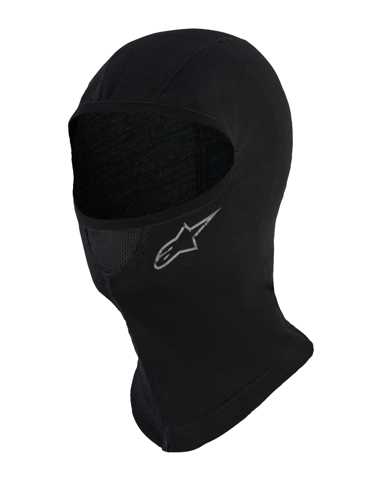 Alpinestars At 8 Merino Balaclava, sort motorcykel-balaclava og funktionsbasislag i merinoblanding med perforeret mundpanel og udvidet nakkedækning
