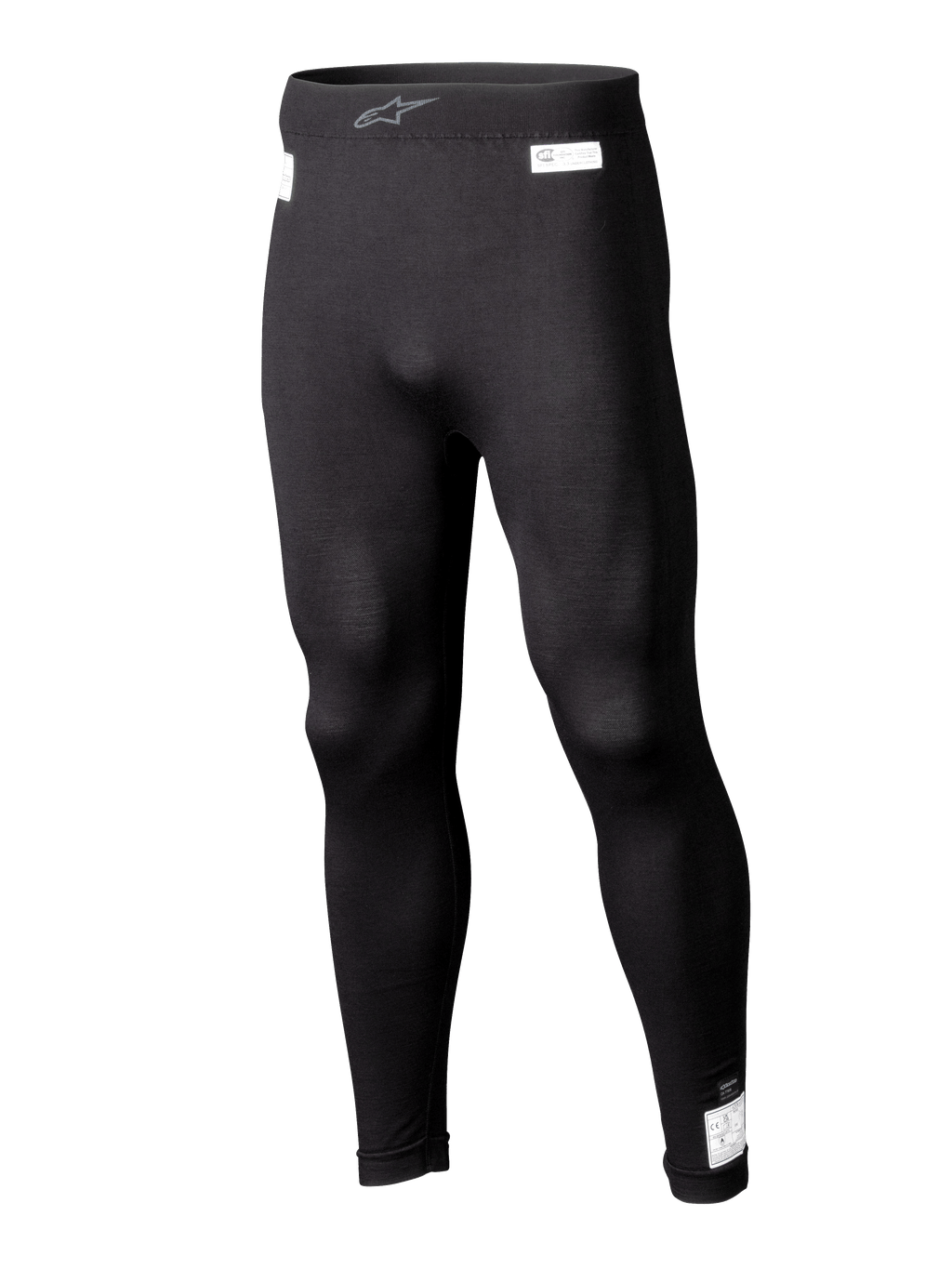 Alpinestars ZX Evo V3 underdel, sorte base layer leggings til motorsport, flammehæmmende racerundertøj, langt design med hvide FIA- og SFI-certificeringsmærkater, elastisk talje med gråt Astars-logo, tætsiddende pasform