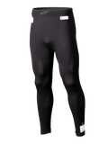 Alpinestars ZX Evo V3 underdel, sorte base layer leggings til motorsport, flammehæmmende racerundertøj, langt design med hvide FIA- og SFI-certificeringsmærkater, elastisk talje med gråt Astars-logo, tætsiddende pasform