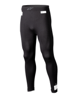 Alpinestars ZX Evo V3 underdel, sorte base layer leggings til motorsport, flammehæmmende racerundertøj, langt design med hvide FIA- og SFI-certificeringsmærkater, elastisk talje med gråt Astars-logo, tætsiddende pasform