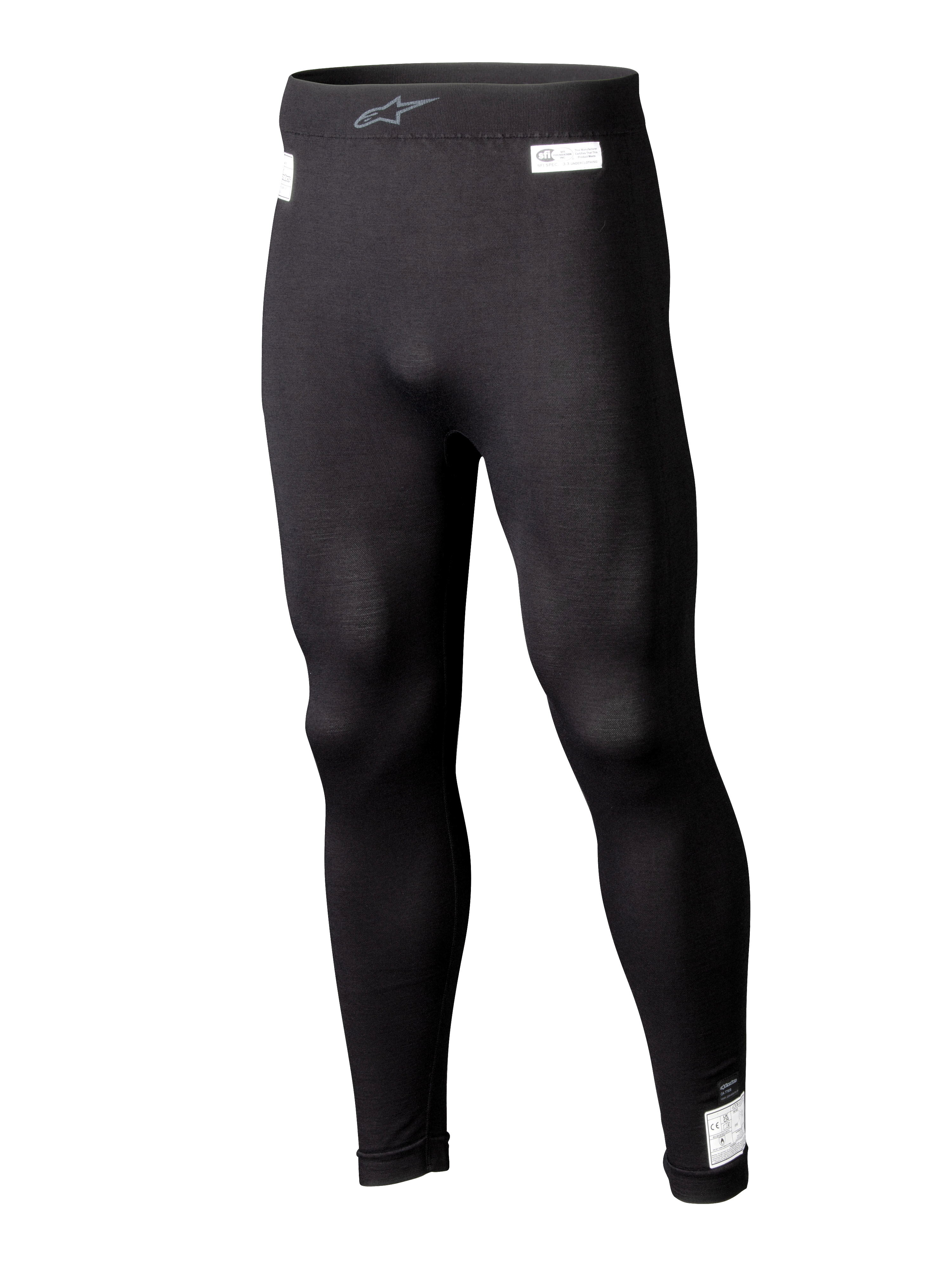 Alpinestars ZX Evo V3 underdel, sorte base layer leggings til motorsport, flammehæmmende racerundertøj, langt design med hvide FIA- og SFI-certificeringsmærkater, elastisk talje med gråt Astars-logo, tætsiddende pasform