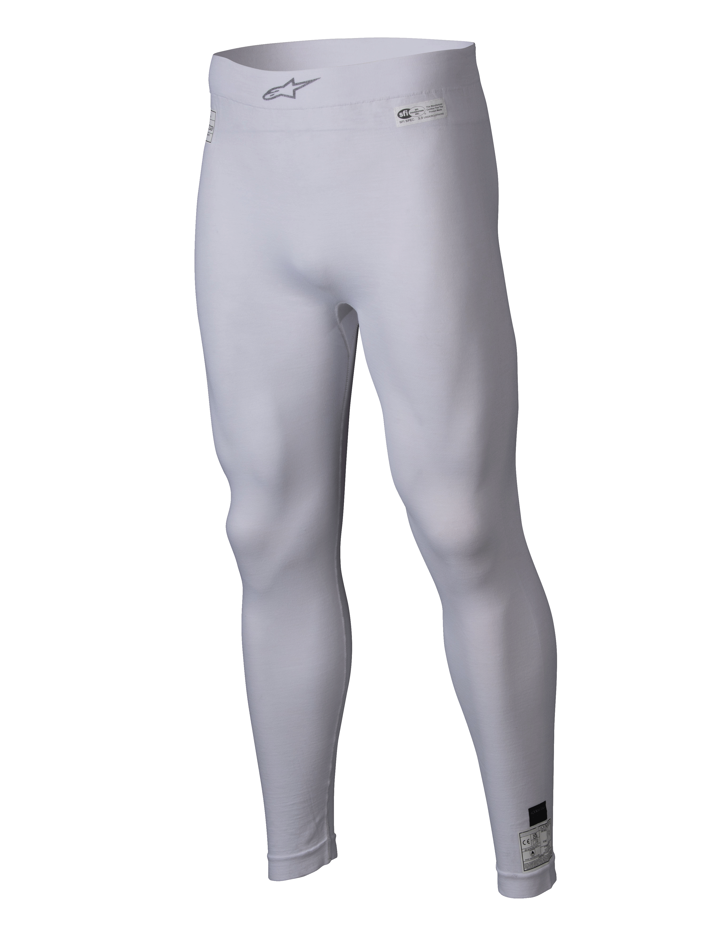 Alpinestars ZX Evo V3 underdel, hvidt baselag til bilvæddeløb, flammehæmmende kompressions-leggings, med Alpinestars-logo på den elastiske linning og certificeringsmærkater, letvægts strækbart materiale til motorsport