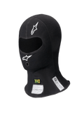 Alpinestars ZX Balaclava Evo V2 FIA/SFI, sort racingbalaklava, enkelt øjeåbning med hvide logoer, synlige FIA- og SFI-certificeringsmærker på halsen, flammehæmmende teknisk stof til professionel motorsport