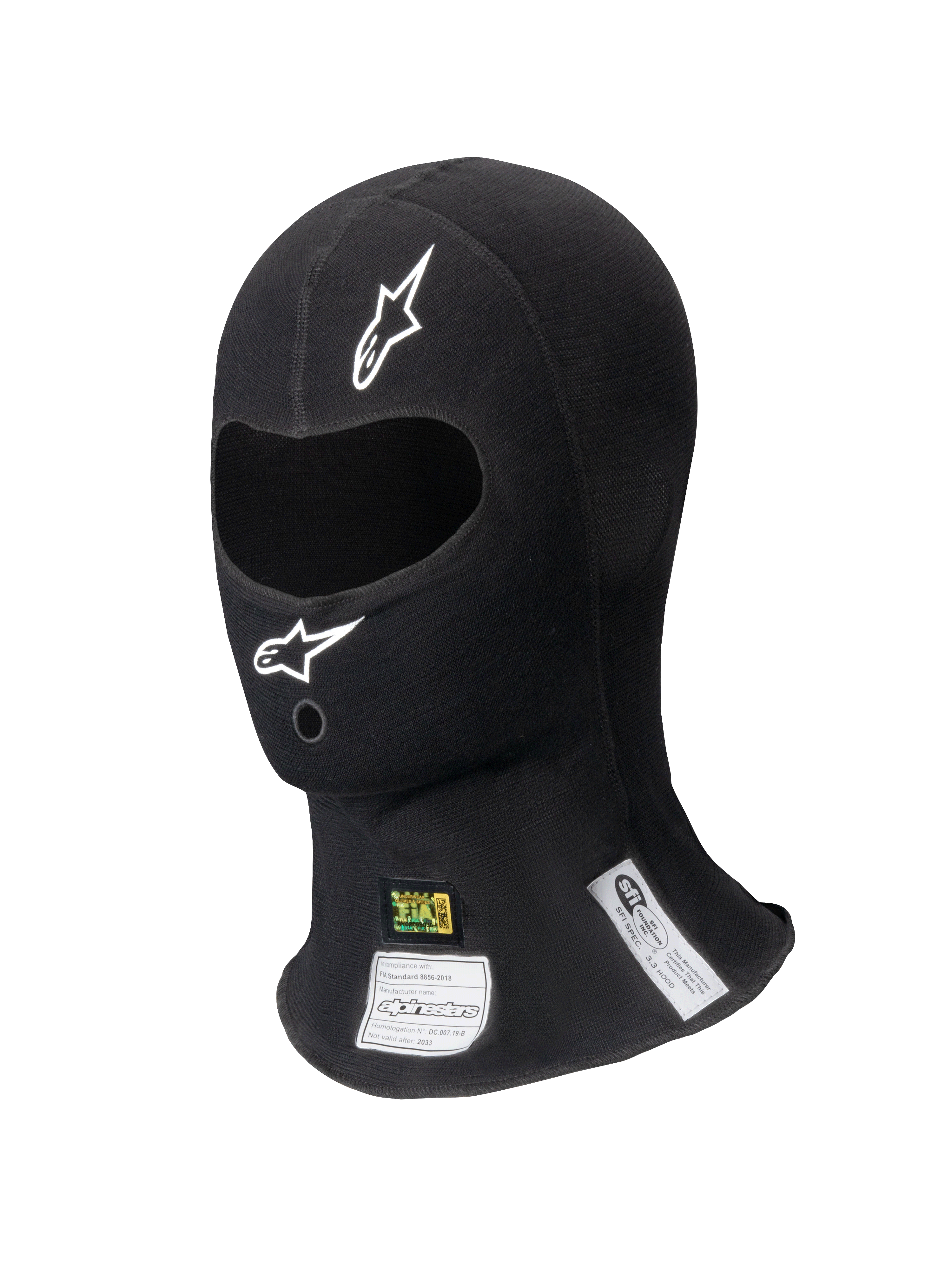 Alpinestars ZX Balaclava Evo V2 FIA/SFI, sort racingbalaklava, enkelt øjeåbning med hvide logoer, synlige FIA- og SFI-certificeringsmærker på halsen, flammehæmmende teknisk stof til professionel motorsport