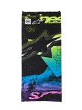 Alpinestars Buff Ignite Neck Tube, sort med fluorescerende pink, gul, blå og lilla abstrakt grafik, med Alpinestars stjernelogo og Buff-branding, sømløs letvægts halsedisse til motorcykelkørsel