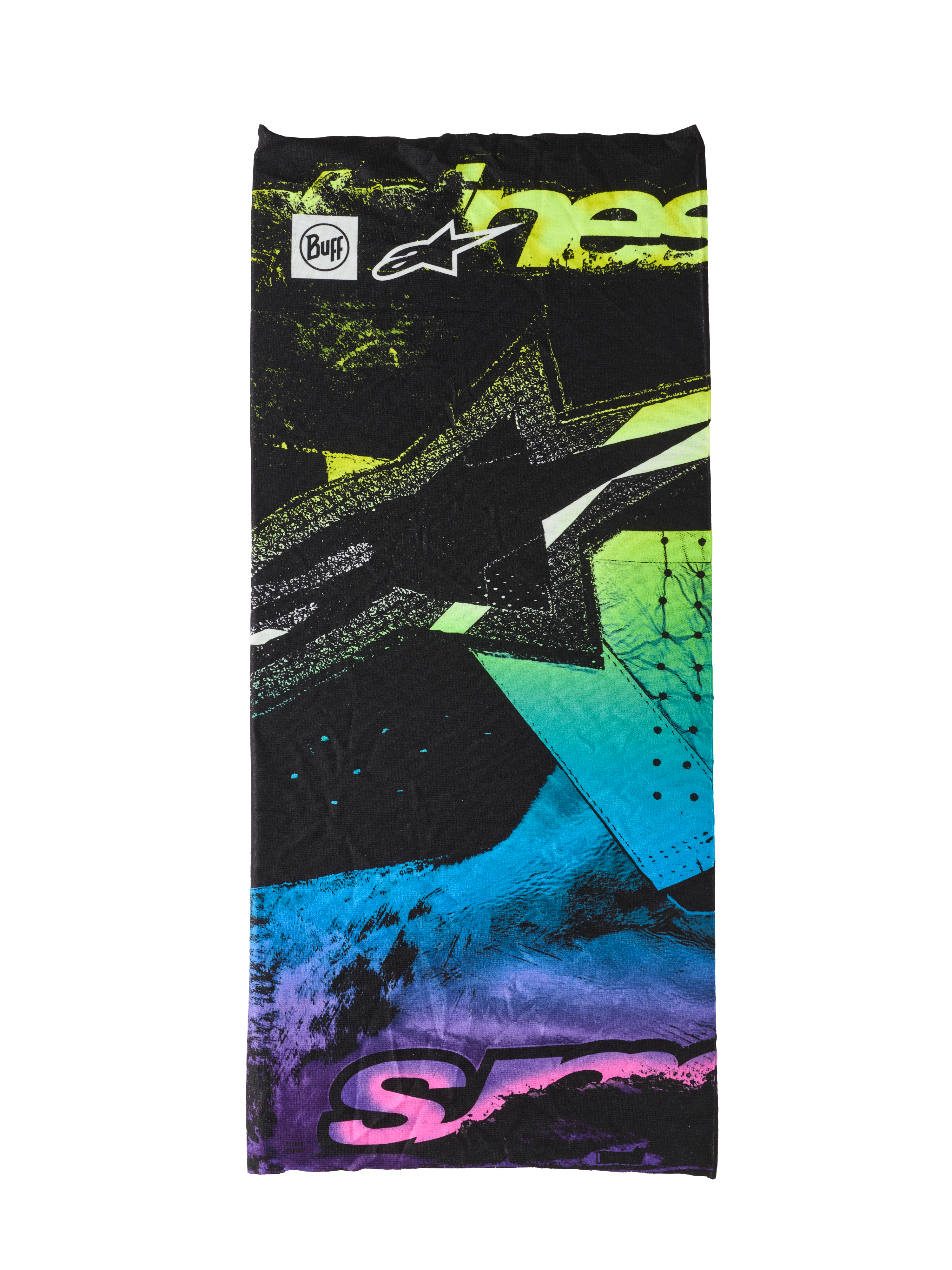 Alpinestars Buff Ignite Neck Tube, sort med fluorescerende pink, gul, blå og lilla abstrakt grafik, med Alpinestars stjernelogo og Buff-branding, sømløs letvægts halsedisse til motorcykelkørsel