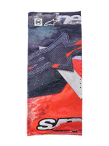 Alpinestars Buff Ignite Neck Tube, multi-functional neckwear, black and bright red with white details, featuring large star graphic, Alpinestars and Buff logos, sporty design for motorcycle riding