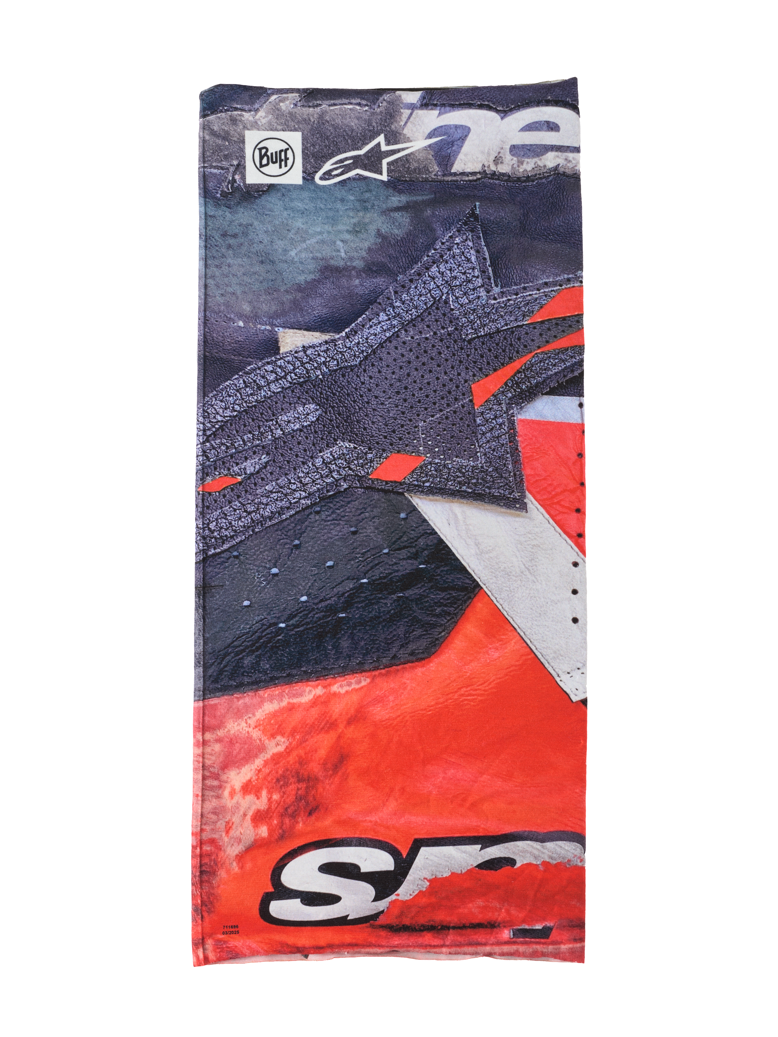 Alpinestars Buff Ignite Neck Tube, multifunktionelt halsrør, sort og klar rød med hvide detaljer, med stor stjernegrafik, Alpinestars- og Buff-logoer, sportsligt design til motorcykelkørsel