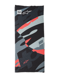 Buff Mogress Neck Tube, multifunktionelt halsrør, Black Camo Red Fluo, abstrakt mønster i sort, grå og fluorescerende rød, let sømløst stof med Buff og Alpinestars logoer