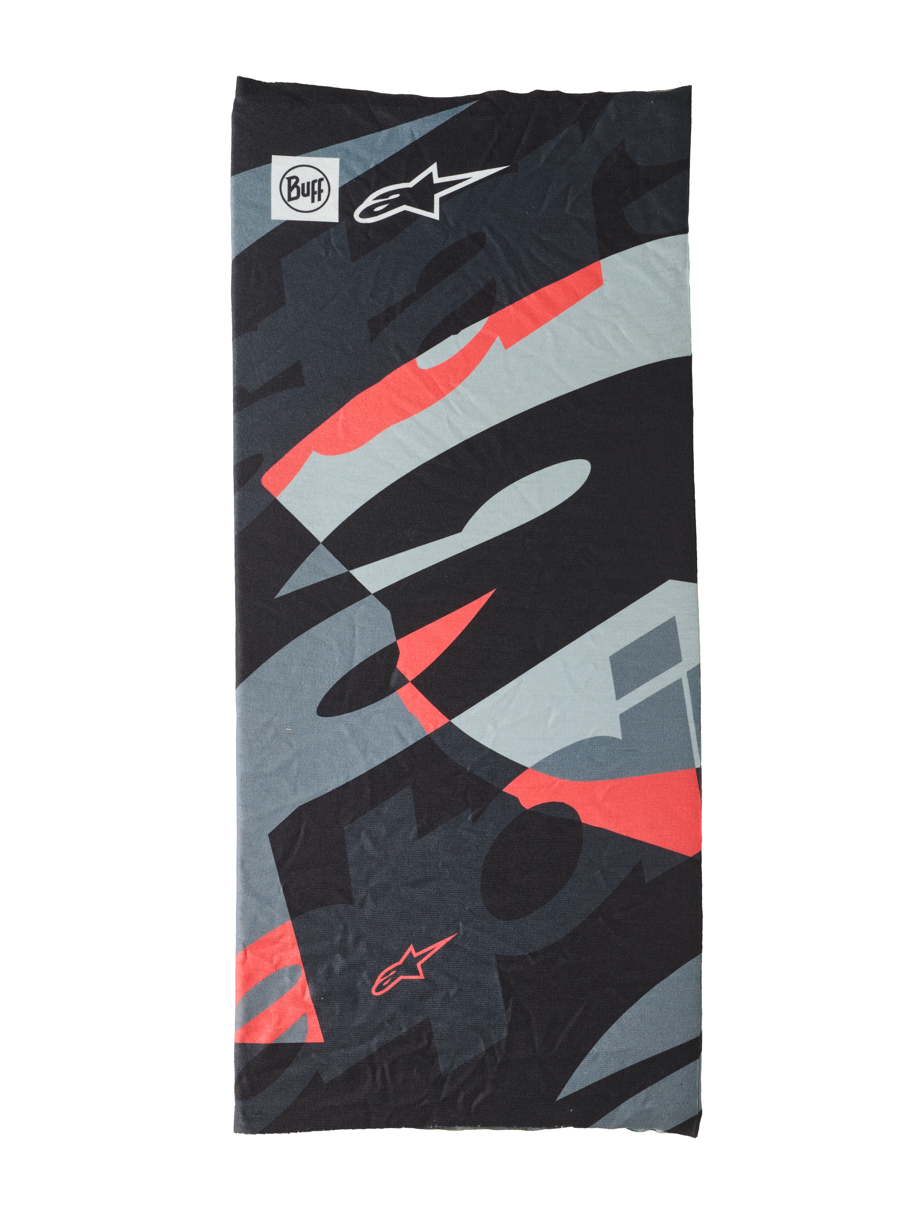 Buff Mogress Neck Tube, multifunktionelt halsrør, Black Camo Red Fluo, abstrakt mønster i sort, grå og fluorescerende rød, let sømløst stof med Buff og Alpinestars logoer