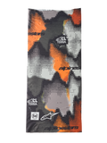 Alpinestars Buff Nazca halsrør, halsvarmer til motorcykel, grå camo og orange fluo, digitalt halvtone-camouflagemønster, med Alpinestars- og Buff-logoer og All Terra-branding, sømløst 4-vejs strækbart materiale til kørsel i varmt vejr